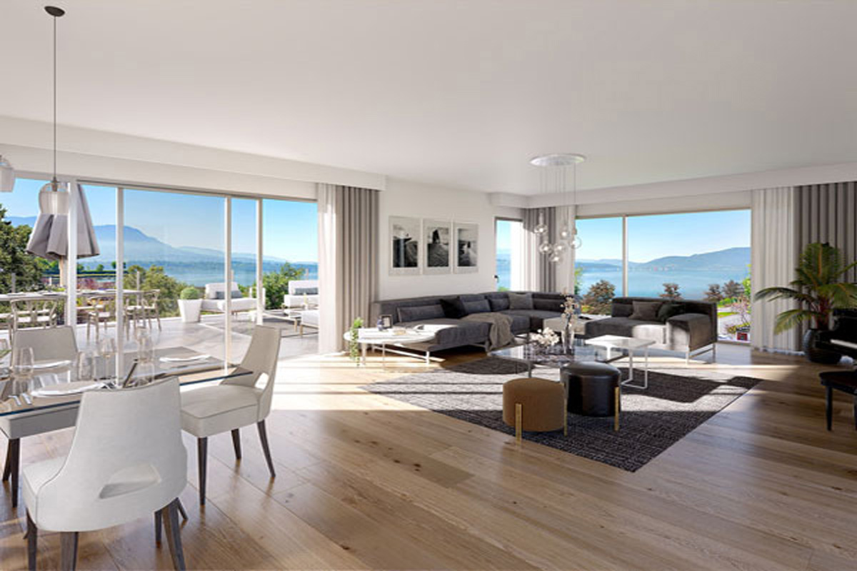 Salon moderne avec vue montagne – visite 3D par Yokey, agence immobilière sans commission Salon contemporain lumineux avec canapé, table et vue montagne à travers baie vitrée – visite 3D par Yokey, sans commission