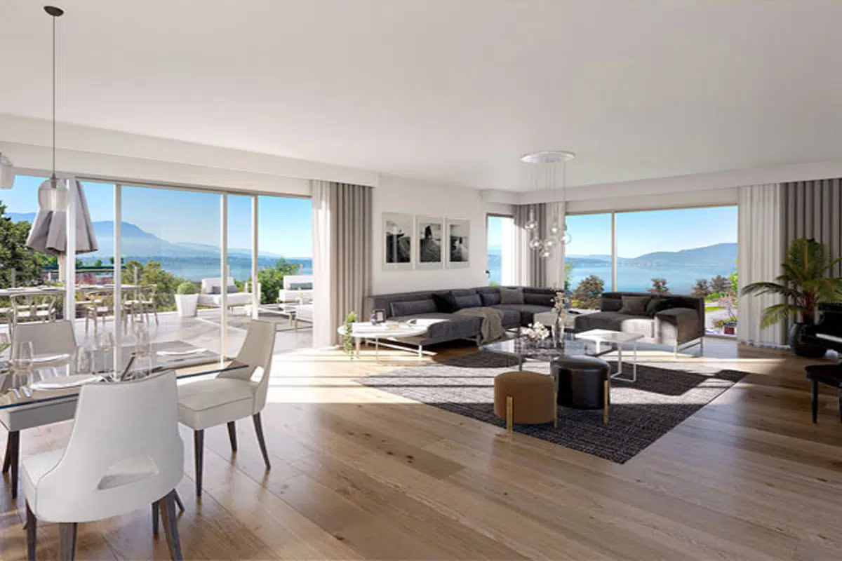 Salon contemporain lumineux avec canapé, table et vue montagne à travers baie vitrée – visite 3D par Yokey, sans commission